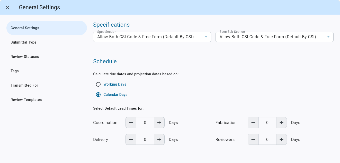 Screenshot of Submittals V2 Settings