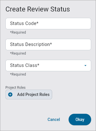 Screenshot of Create Review Status pop-up
