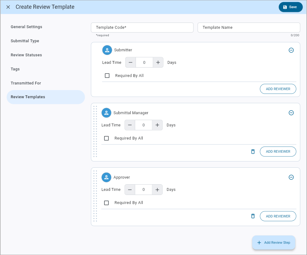 Screenshot of Create Review Template.