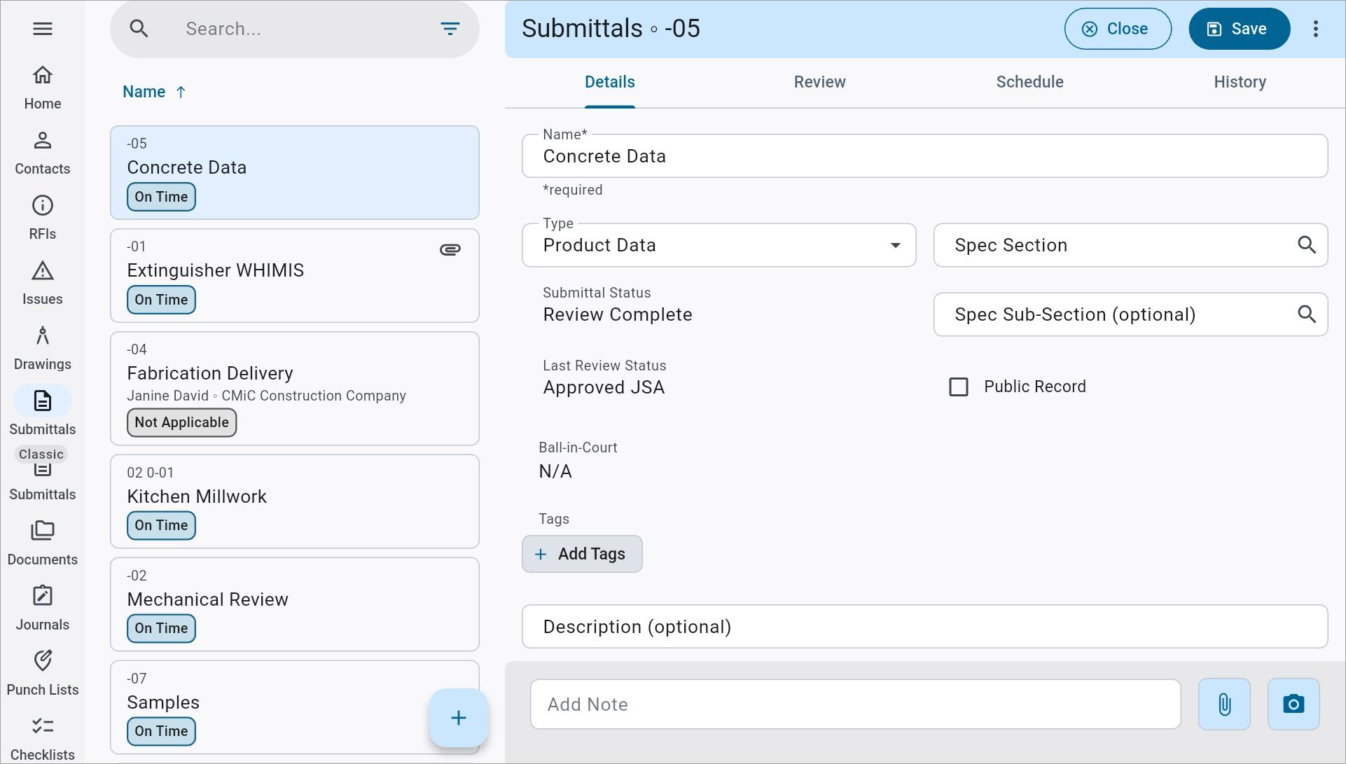 Screenshot of Submittals.