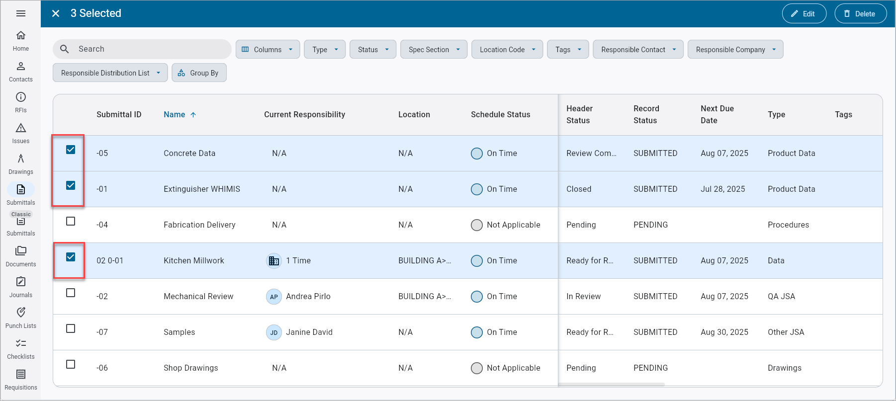 Screenshot of Submittals in Batch Edit mode.