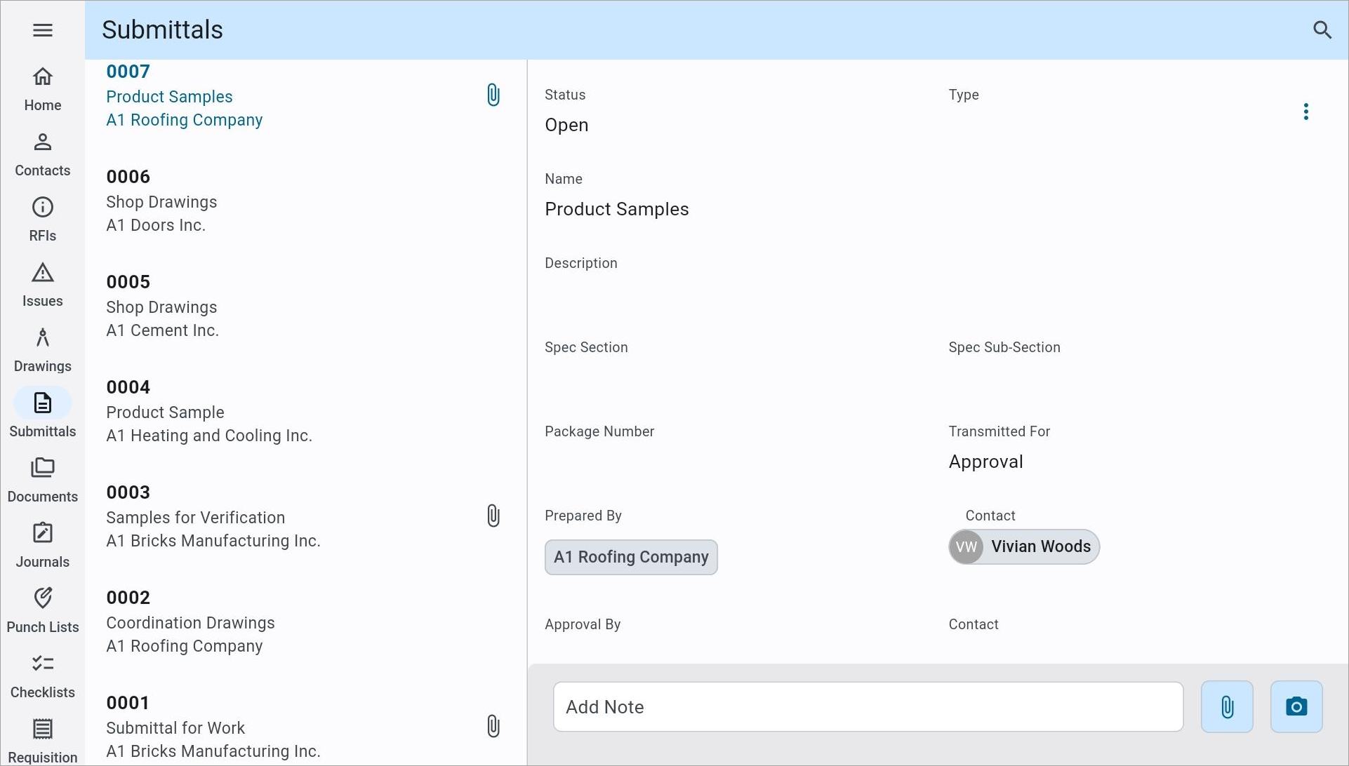 Screenshot of Submittals log