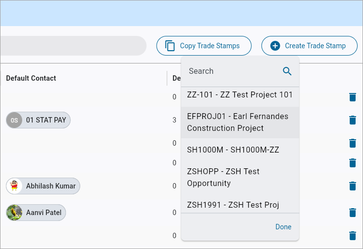 Screenshot of drop-down launched from "Copy from Project"