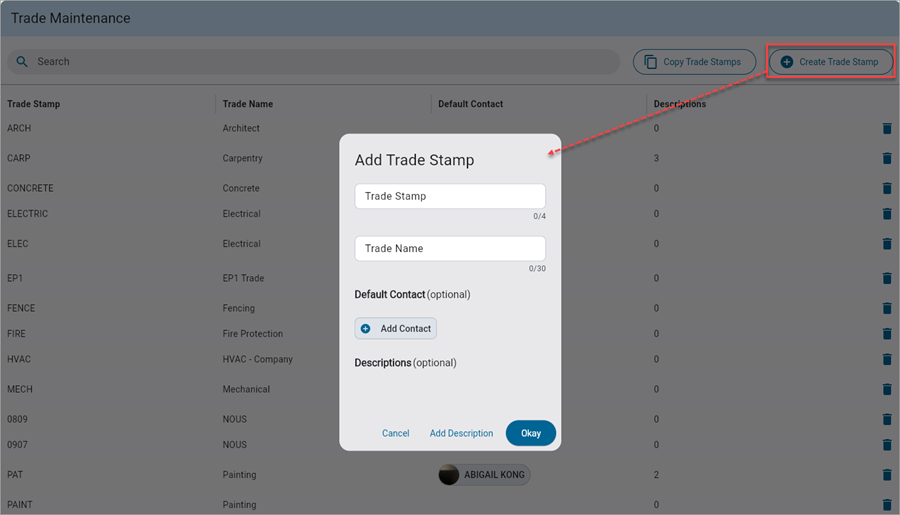 Screenshot of Add Trade Stamp pop-up launched from  [Create Trade Stamp] button