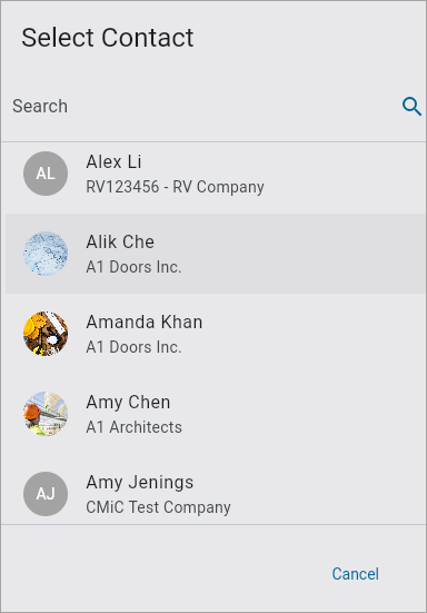 Screenshot of Select Contact pop-up