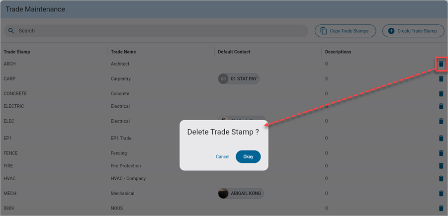 Screenshot of Delete Trade Stamp pop-up