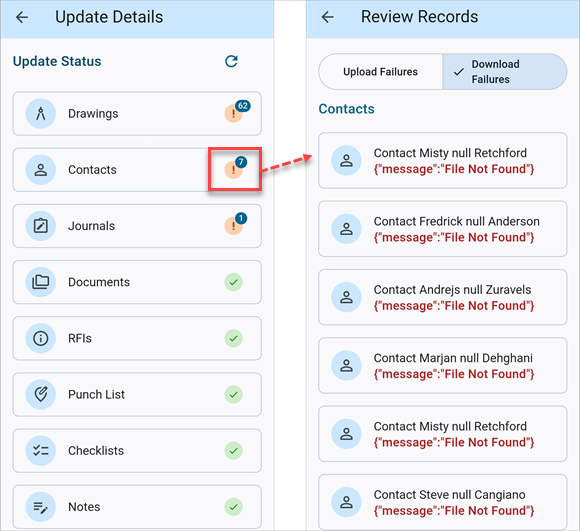 Screenshot of Update Details and Review Records screens