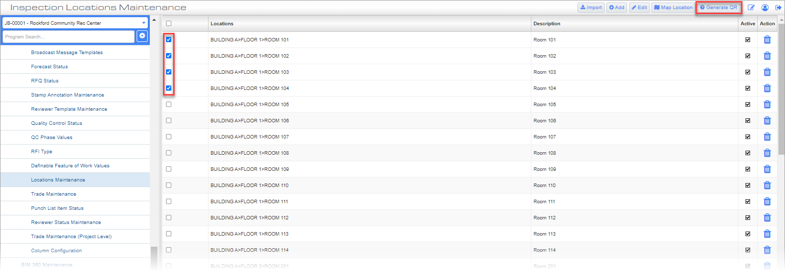 Screenshot of Locations Maintenance screen with records selected.