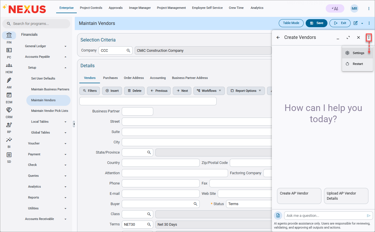 Customizing AI Agents under the Settings menu option.