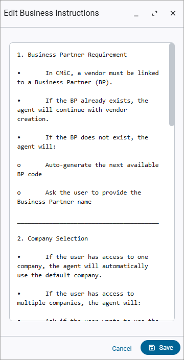 Screnshot Edit Business Instructions screen.