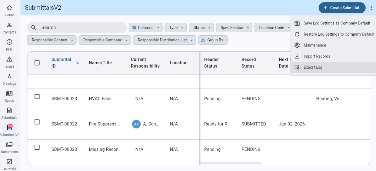 Nexus 01 Highlight - Construct PM - SubmittalsV2 Export Log