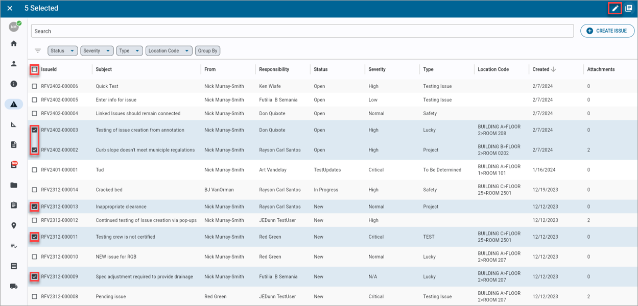 Screenshot of Issues log (Web) with records selected.