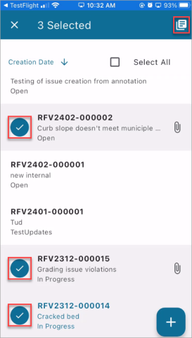 Screenshot of Issues log (Mobile) with records selected.