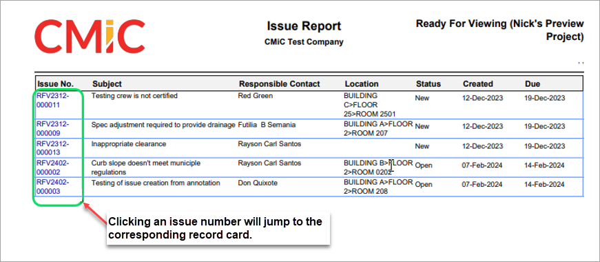 Screenshot of Issue Report log.