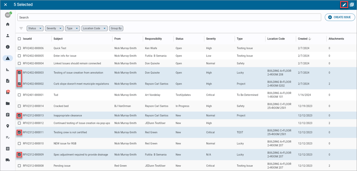 Screenshot of Issues log with records selected.