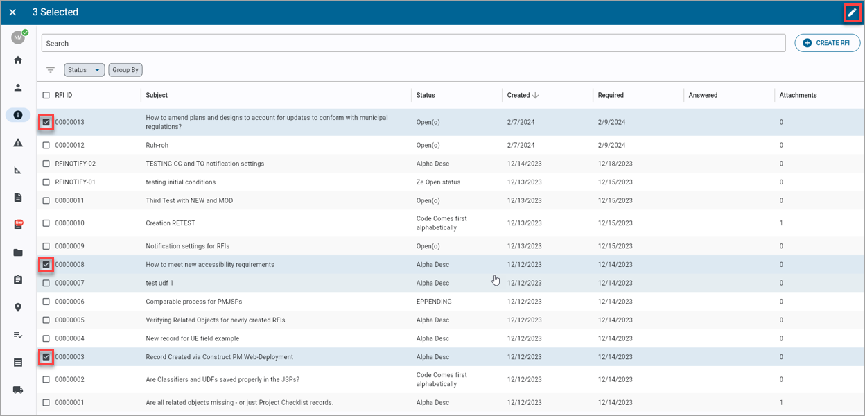 Screenshot of RFIs log with records selected.