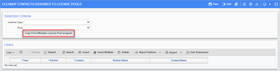 Screenshot of Cleanup Contacts Assigned to License Pools screen with [Copy From Maintain License Pool Program] button highlighted.
