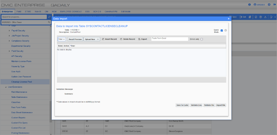 Screenshot of Cleanup Contacts Assigned to License Pools screen with Import pop-up launched.