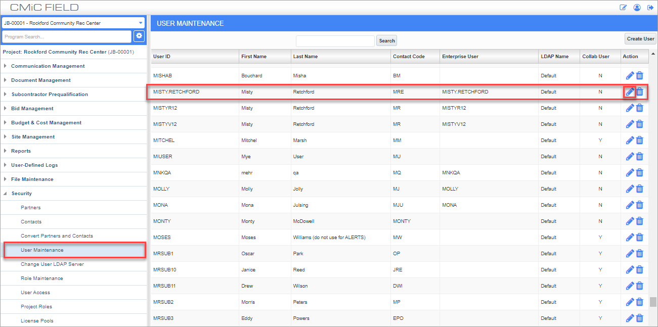 Screenshot of User Maintenance screen in CMiC Field with record and Edit icon highlighted.