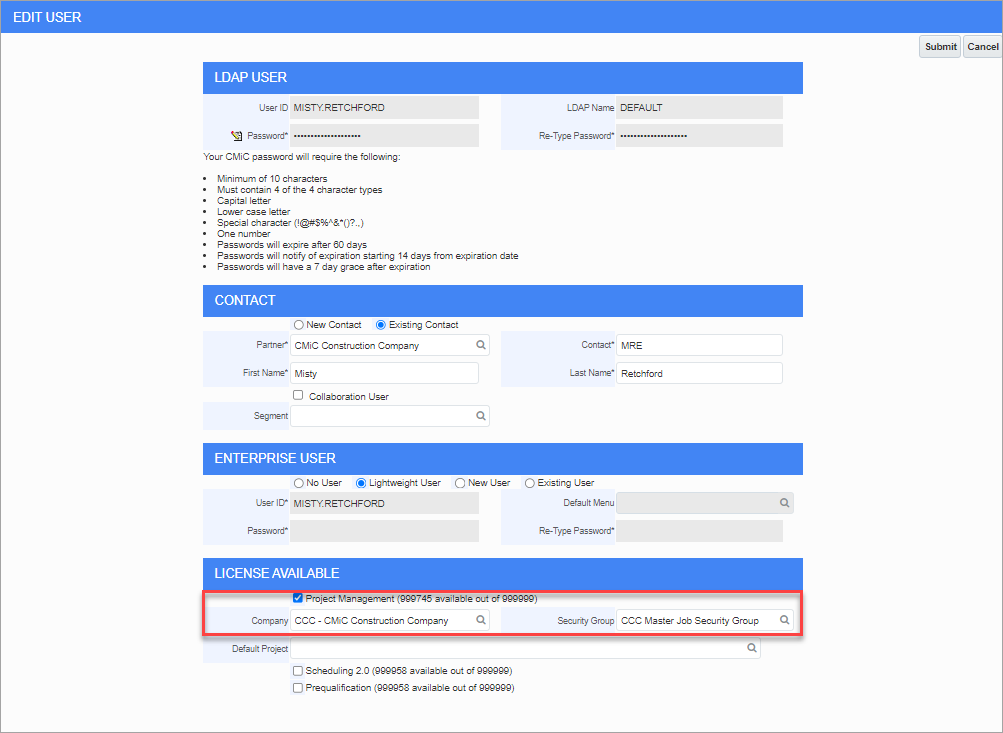 Screenshot of User record in CMiC Field being edited.