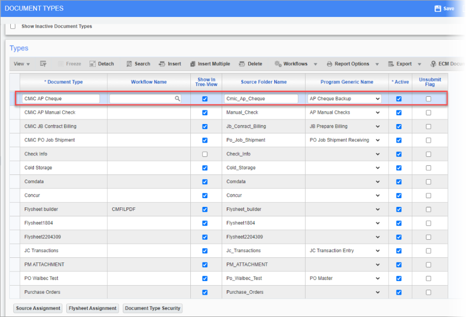 Screenshot of Document Types screen.
