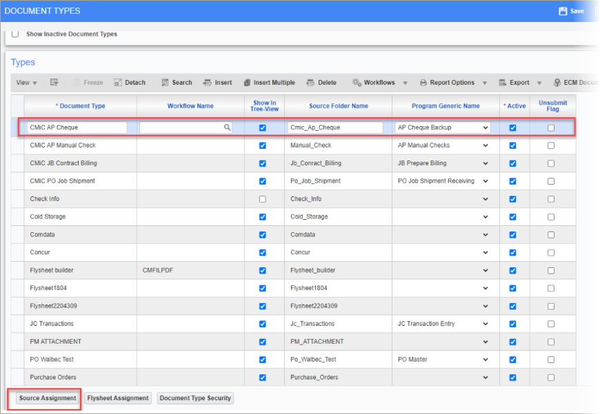 Screenshot of Document Types screen.