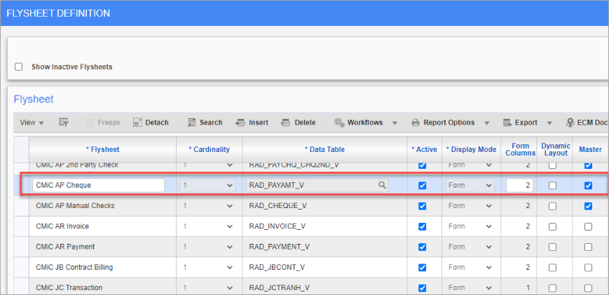 Screenshot of Flysheet Definition screen.