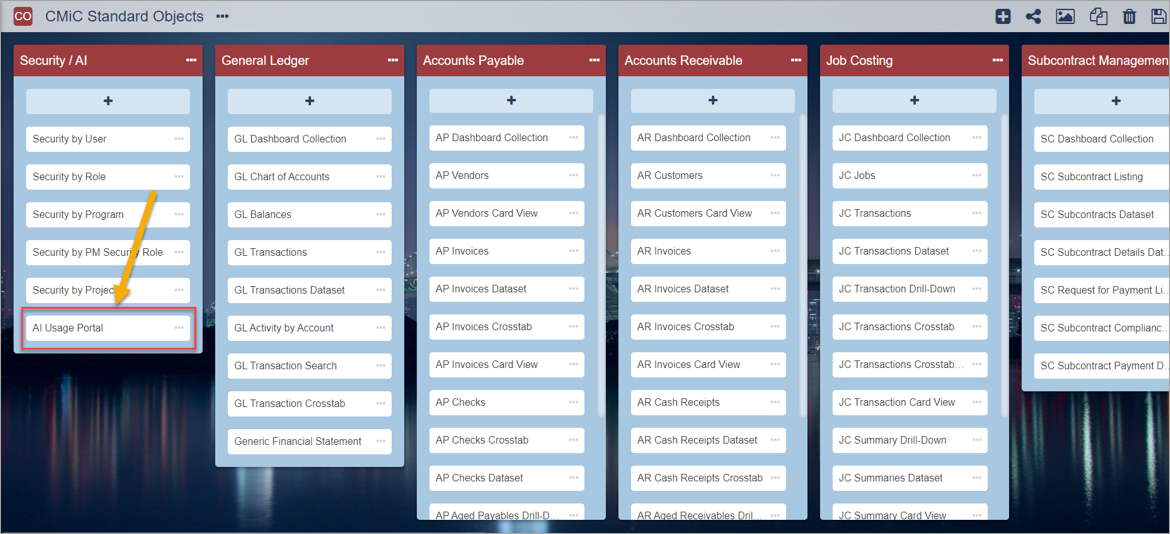 Screenshot of "AI Usage Portal" highlighted within Security/AI bucket on CMiC Standard Objects canvas in CMiC Analytics.
