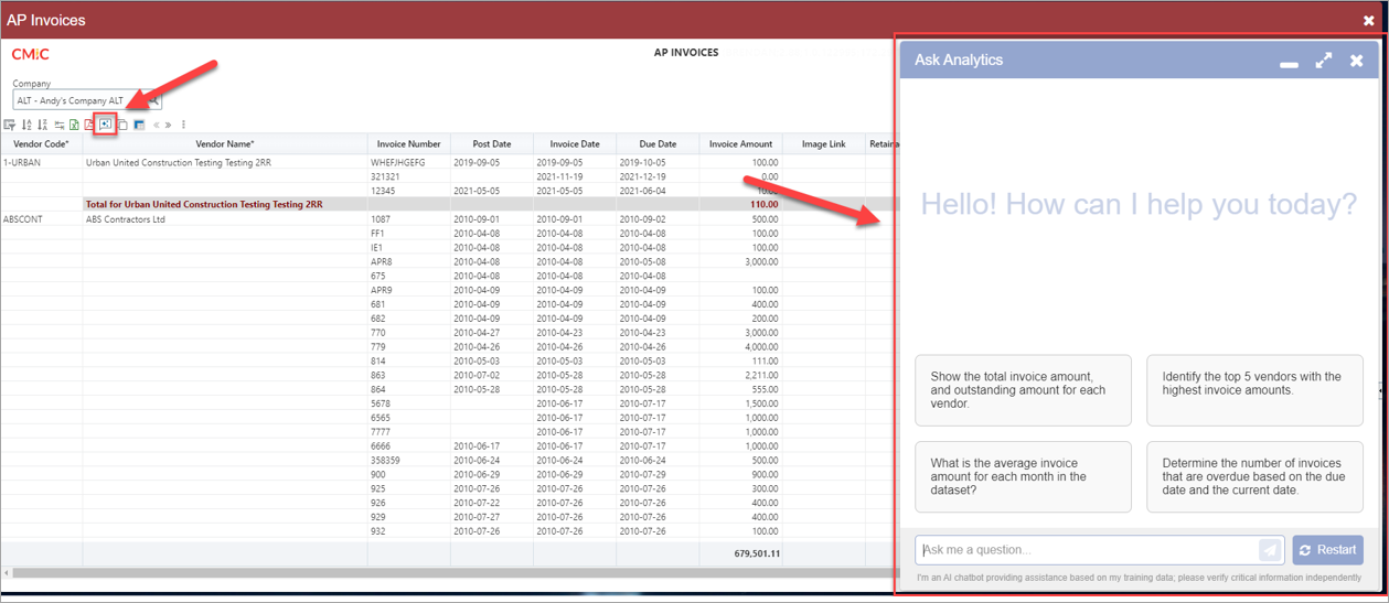 Screenshot of Ask Analytics pop-up being launched from AI icon in query within Analytics.