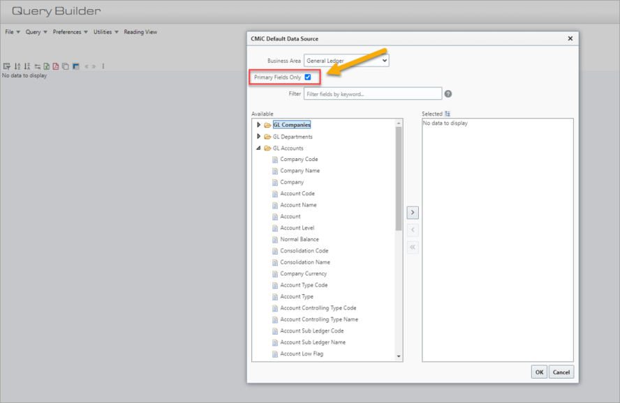 Screenshot using Primary Field classifier in BI Dashboard/Query Builder.