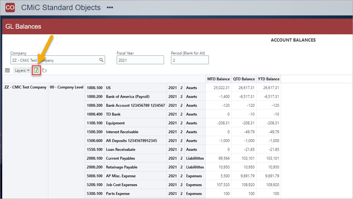 Screenshot of CMiC Standard Objects canvas with MS Excel icon highlighted.