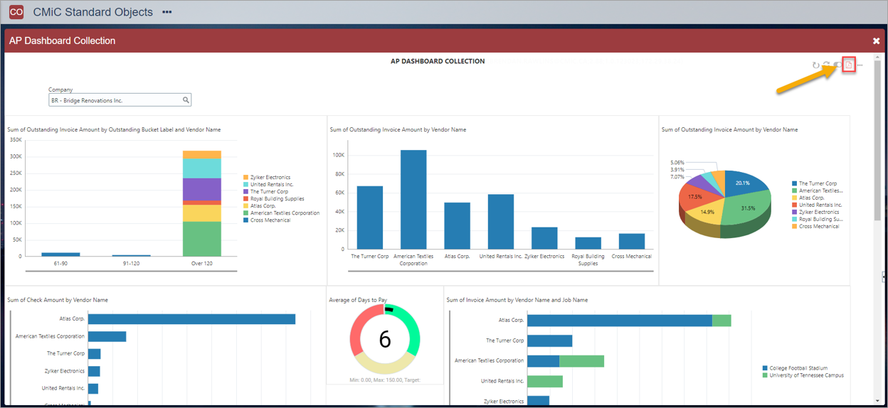 Screenshot of CMiC Standard Objects canvas with PDF icon highlighted.