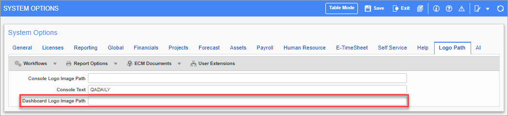 Screenshot of the Logo Path tab of the System Options screen.