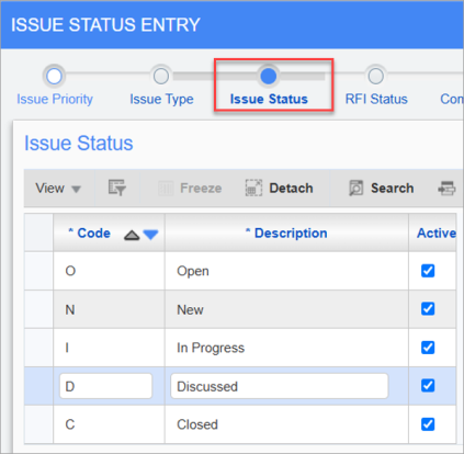 Screenshot of Issue Status Entry screen.