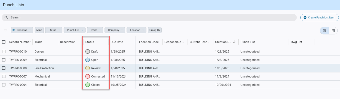 Screenshot of Punch Lists screen with status colors.
