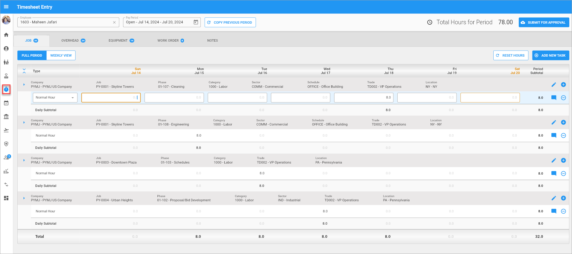 Screenshot of Contruct ESS Timesheet Entry screen.