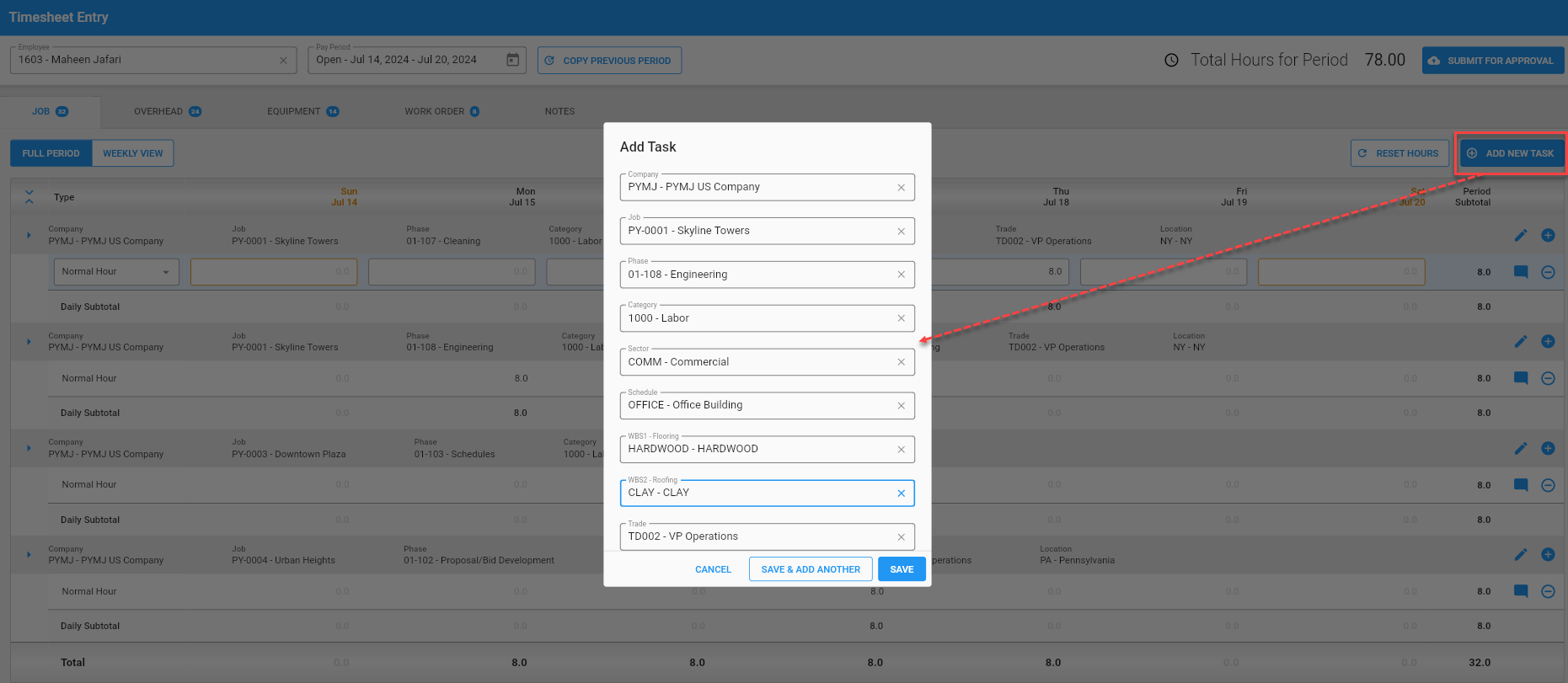 Screenshot of Construct ESS Timesheet Entry screen with Add Task pop-up launched.