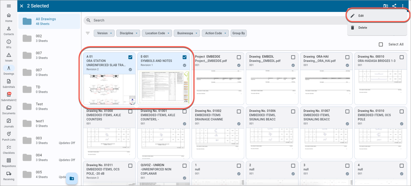 Screenshot of Drawings screen showing batch editing feature.