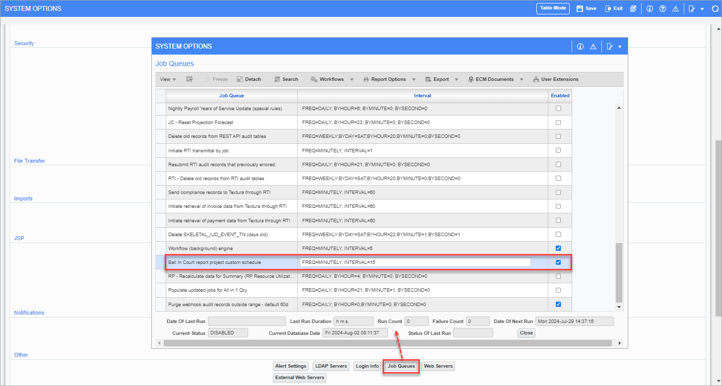 Screenshot of System Options screen showing pop-up window launched from [Job Queues] button.