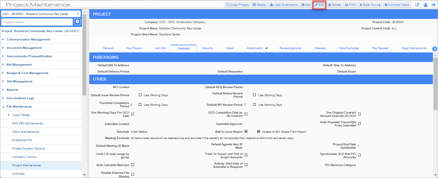 Screenshot of Project Maintenance screen with [Edit] button highlighted.