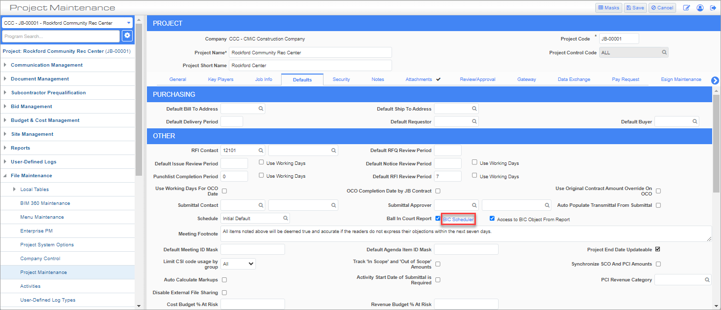 Screenshot of Project Maintenance sreen in Edit mode with BIC Scheduler link displayed.