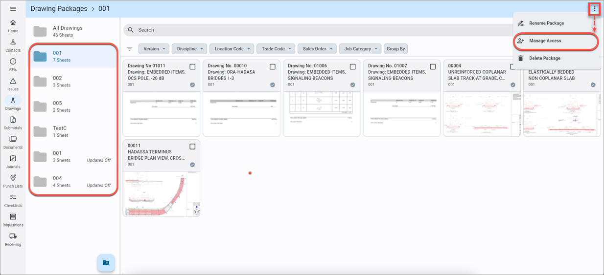 Screenshot of Drawing Packages screen with menu options displayed.