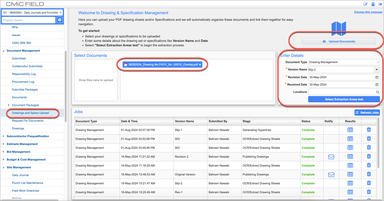 Screenshot of Drawing & Specification Management screen.