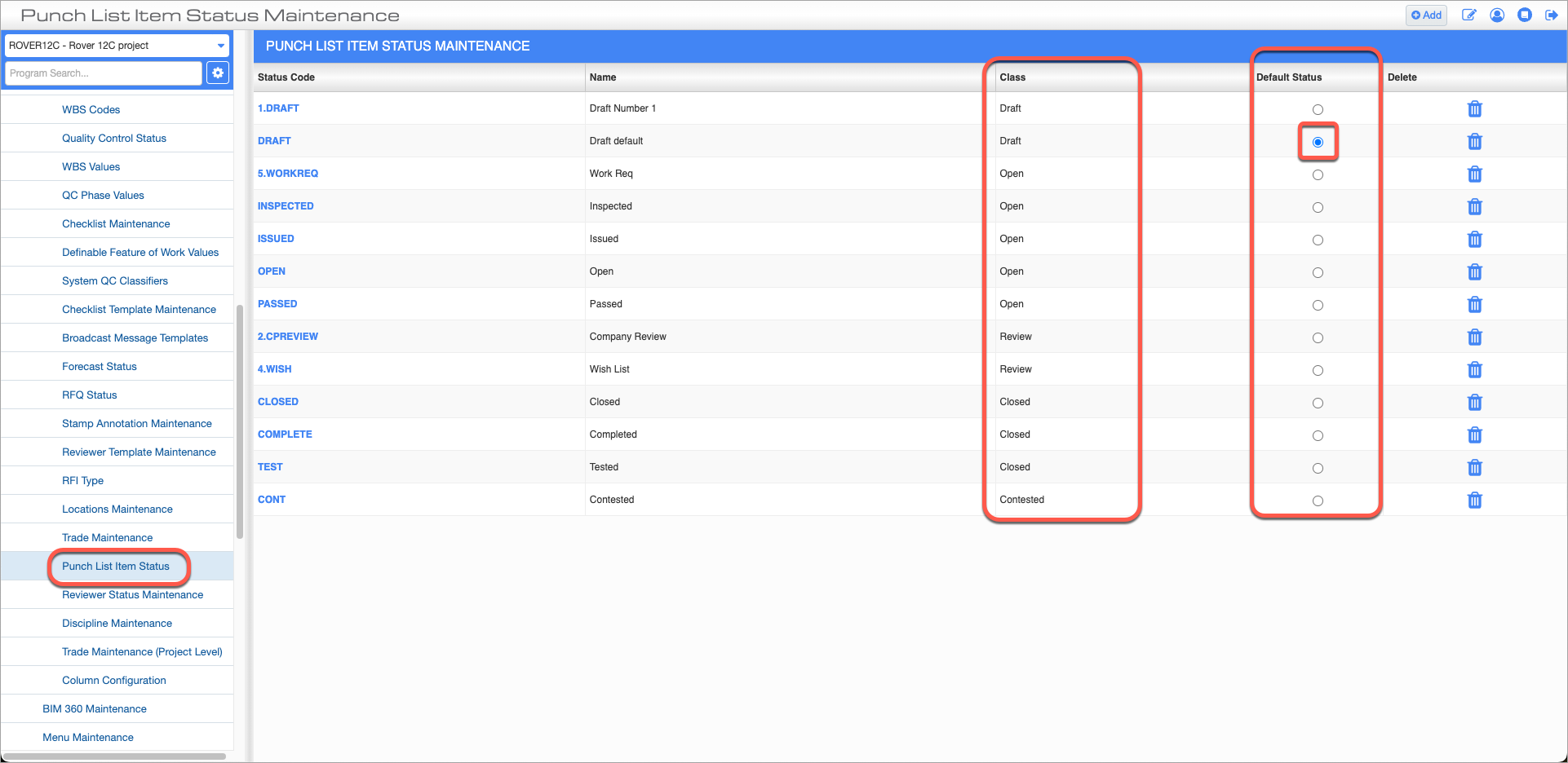 Screenshot of Punch List Item Status Maintenance screen.