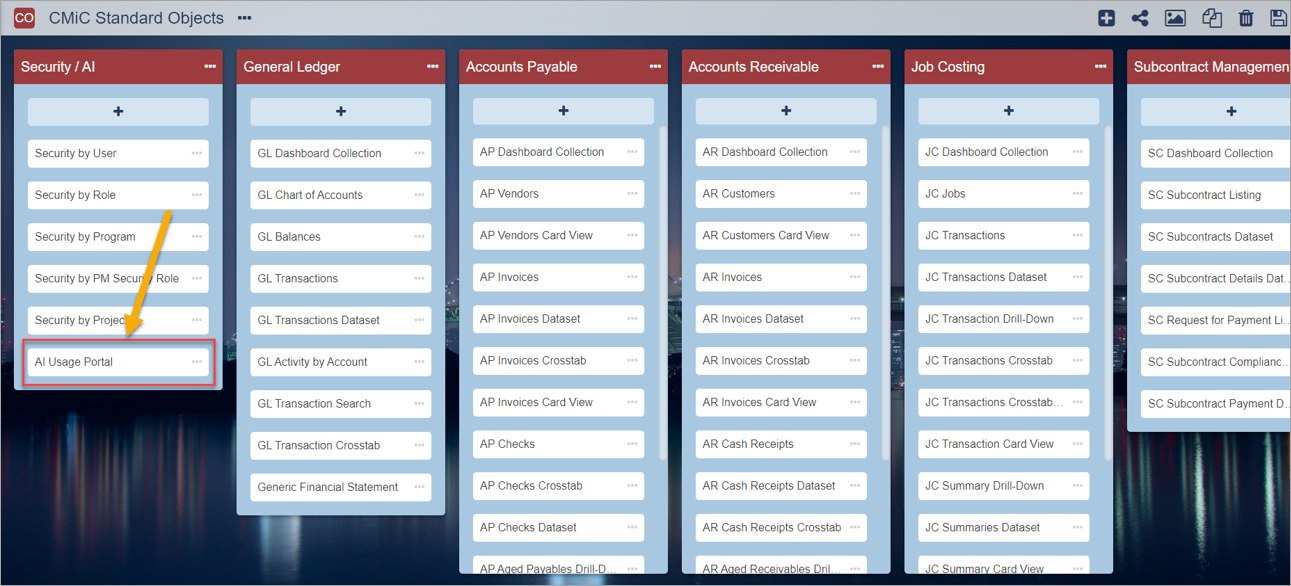 Screenshot of "AI Usage Portal" highlighted within Security/AI bucket on CMiC Standard Objects canvas in CMiC Analytics.