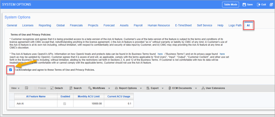 Screenshot of AI tab in System Options.