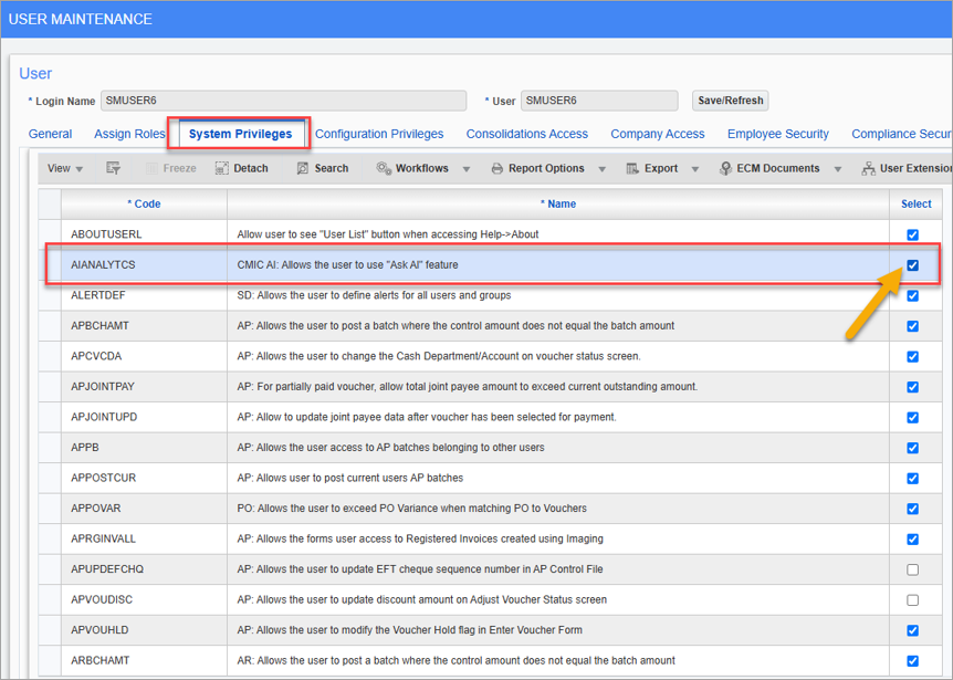 Screenshot of System Privileges tab in the System Options screen with AIANALYTICS system privilege highlighted.