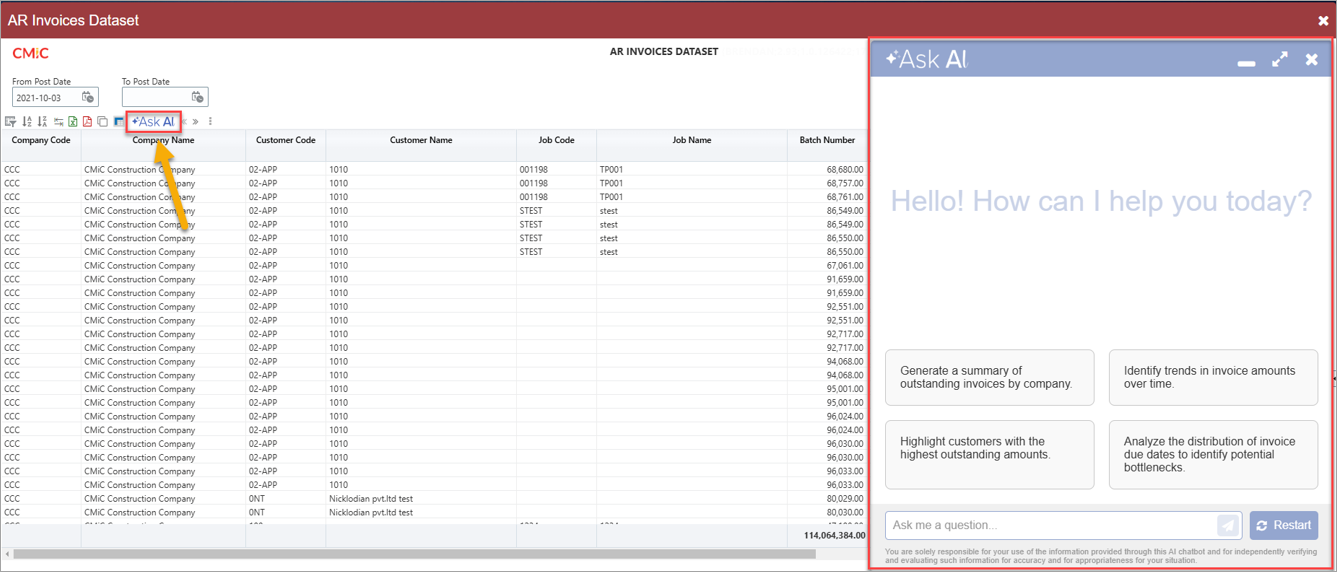 Screenshot of BI Analytics screen with Ask AI enabled.