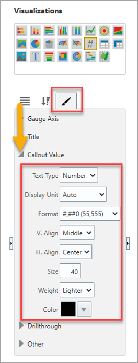 Screenshot of Visualizations Properties panel with Format tab enabled and Callout Value drop-down menu highlighted.