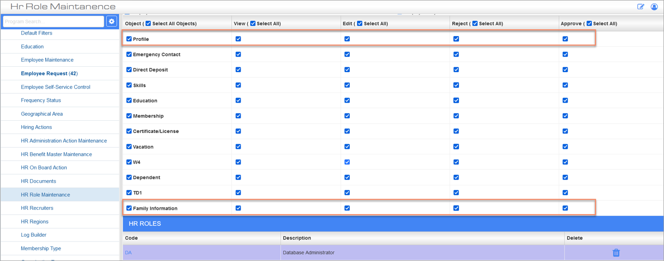 Screenshot of HR Role Maintenance screen.